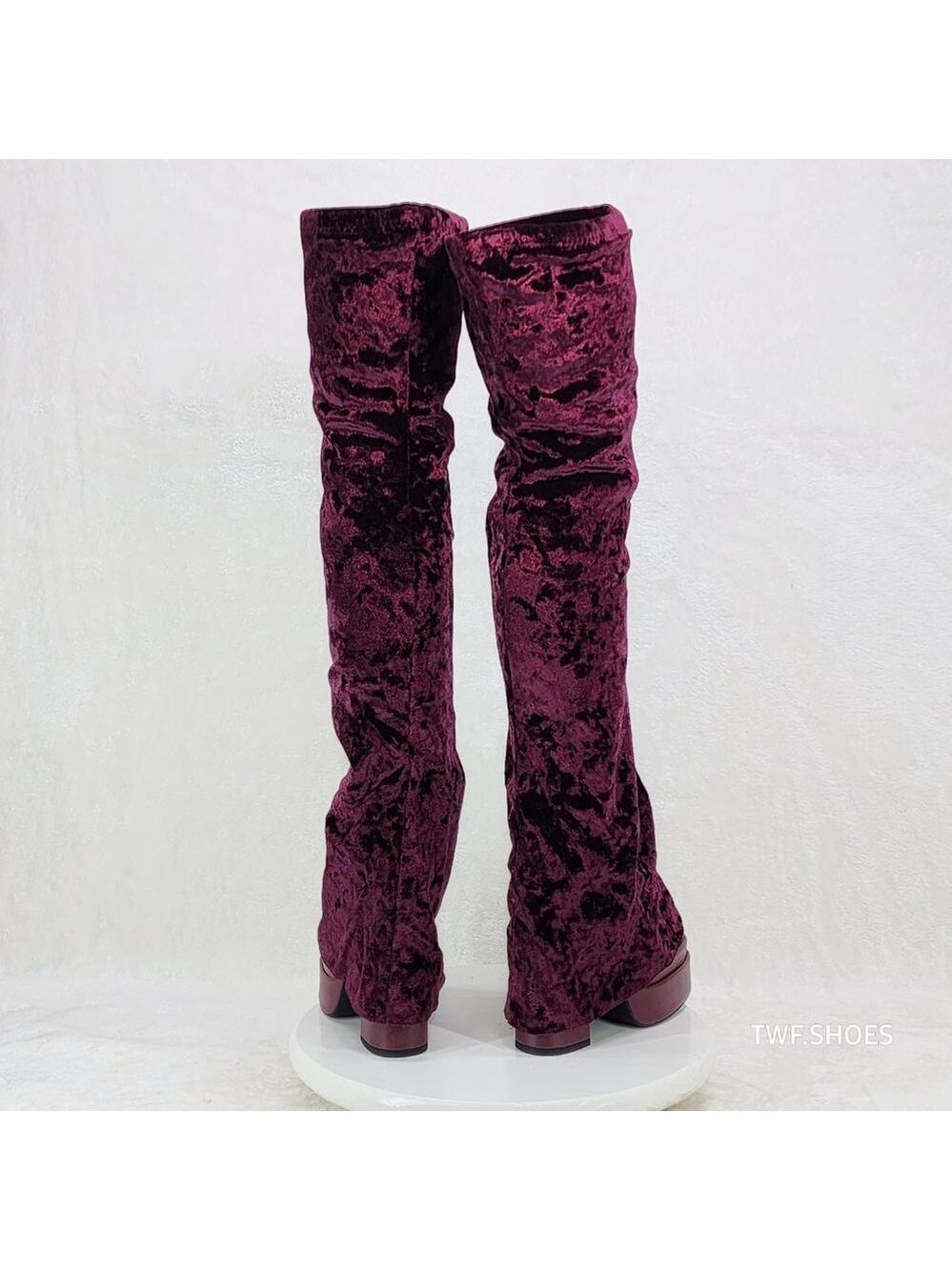 Good Will Unique Thigh High Wine Red Velvet Fold over Chunky Heel Platform Boots - Picture 3 of 10